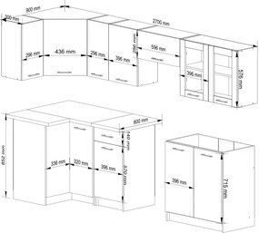 Kuchyňská rohová linka Olivie 3 m prosklená beton/dub sonoma