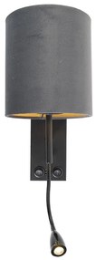 Art Deco nástenná lampa čierna s tmavosivým zamatovým tienidlom - Stacca