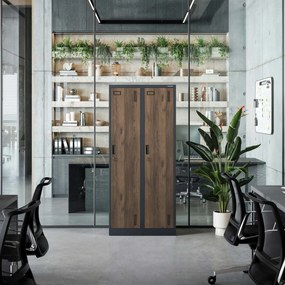 Kovová šatňová dvojmodulová skriňa na sokli s policou KACPER, 800 x 1800 x 500 mm, Eco Design: antracitová/ orech
