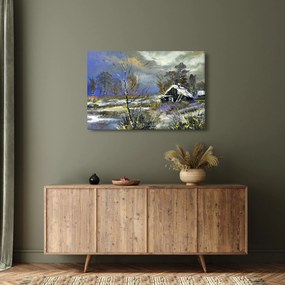 Obraz chalúpky v zimnej krajine, olejomaľba (90x60 cm)