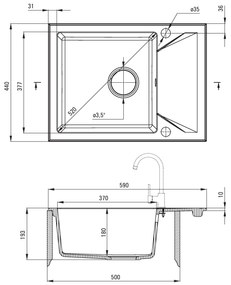 Deante Evora, granitový drez na dosku 590x440x193 mm Z/KO, 3,5" + priestorovo úsporný sifón, 1-komorový, antracitová metalíza, ZQJ_T11A