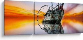 Obraz - Svitanie nad vrakom lode (s hodinami) (90x30 cm)
