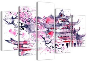 Gario Obraz na plátne Japonská pagoda a čerešňový kvet - 5 dielny Rozmery: 100 x 70 cm