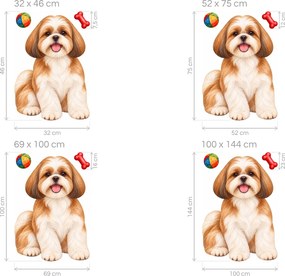 Shih-tzu s loptičkou a kosťou akvarelové textilné nálepky na stenu pre milovníkov shih-tzu arch 32 x 46 cm