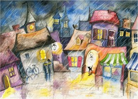 Sklenený obraz - Daždivý večer (70x50 cm)