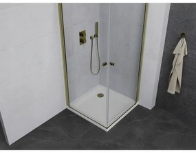 Mexen Pretoria Duo, sprchovací kút s 2-krídlovými dverami 70 (dvere) x 70 (dvere) cm, 6mm číre sklo, zlatý profil + slim sprchová vanička 5cm biela so zlatým sifónom, 852-070-070-50-02-4010G