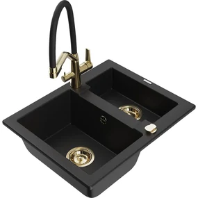 Mexen Carlos, 1,5-komorový granitový drez 582x475x177 mm a drezová batéria Duo, čierna, 6518-77-671701-57-G