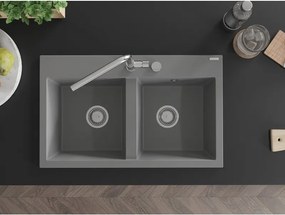 Mexen Hektor, 2-komorový granitový drez 800x480x205 mm, šedá, chrómový sifón, 6521802000-71