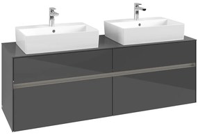 VILLEROY &amp; BOCH Collaro závesná skrinka pod dve umývadlá na dosku, 4 zásuvky, s LED osvetlením, 1600 x 500 x 548 mm, Glossy Grey, C137B0FP