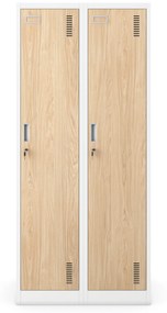 Kovová šatňová štvormodulová skriňa na sokli s policou KACPER, 800 x 1800 x 500 mm, Eco Design: biela/ dub sonoma
