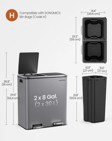 2-priehradkový pedálový recyklačný kôš s mäkkým zatváraním, šedý kov