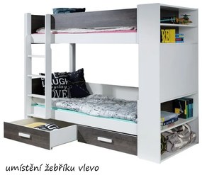 Detská poschodová posteľ z masívu borovice GASPAR so šuplíkmi a regálom - 200x90 cm - biela/dub sonoma
