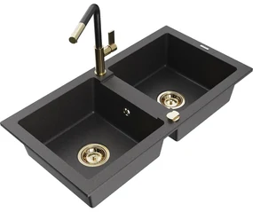 Mexen Mario, 2-komorový granitový drez 820x436x161 mm a drezová batéria Flora, čierna škvrnitá, 6504-76-670401-57-G