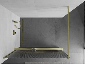 Mexen Kioto+, sprchová zástena Walk-In s poličkou a vešiakom 140 x 200 cm, 8mm sklo s rebrovým vzorom, zlatý matný profil, 800-140-121-55-09