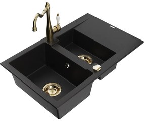 Mexen Gaspar, granitový drez 752x436x161 mm, 1,5-komorový a drezová batéria Carla, čierna, 6507-77-670700-50
