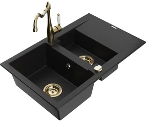 Mexen Gaspar, granitový drez 752x436x161 mm, 1,5-komorový a drezová batéria Carla, čierna, 6507-77-670700-50
