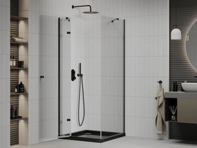 Mexen Roma, sprchovací kút s 1-krídlovými dverami 80 (dvere) x 80 (stena) cm, 6mm číre sklo, čierny profil, slim sprchová vanička 5cm čierna s čiernym sifónom, 854-080-080-70-00-4070B
