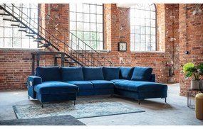 Námorníckymodrá zamatová rozkladacia pohovka do "U" Miuform Lofty Lilly, pravý roh