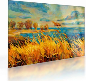 Sklenený obraz - Západajúce slnko nad jazerom, akrylová maľba (70x50 cm)