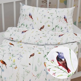 Biante Detské bavlnené posteľné obliečky do postieľky Sandra SA-392 Lúčne kvietky s vtáčikmi Do postieľky 90x140 a 50x70 cm