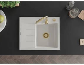 Mexen Ben, 1-komorový granitový drez 600x500x190 mm, pravý + zlatý sifón, biela, 6523605000-20-G