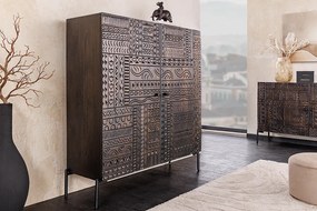 Vysoká komoda TRIBAL 120cm 3D antický vzhľad mangové drevo tmavohnedá