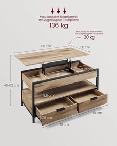 Konferenčný stolík, výškovo nastaviteľný, so zásuvkami, 50 x 100 cm, ťavohnedý