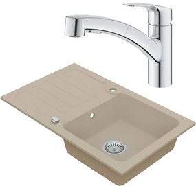 Vima Drezový set Grohe 5/A - Granitový drez s odkvapkávacou plochou 780x480 mm, piesková + Drezová batéria Grohe Eurosmart