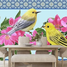 Samolepiaca tapeta vtáčiky a kvety vo vintage prevedení - 375x250