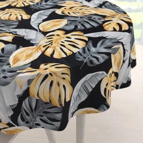 Biante Bavlnený okrúhly obrus Sandra SA-228 Sivé a zlaté tropické listy na čiernom Ø 100 cm