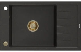 Mexen Elias, granitový drez granitový 795x480x200 mm, 1-komorový, čierna-zlatá metalíza so zlatým sifónom, 6511791005-75-G