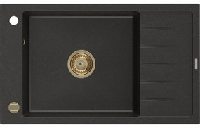 Mexen Elias, granitový drez granitový 795x480x200 mm, 1-komorový, čierna-zlatá metalíza so zlatým sifónom, 6511791005-75-G