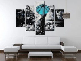 Gario Ručne maľovaný obraz Tyrkysový bozk v daždi - 5 dielny Rozmery: 150 x 70 cm