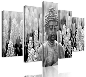 5-dielny obraz Budha na levandulovej lúke v čiernobielom prevedení
