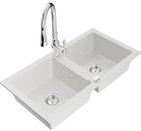 Mexen Mario, 2-komorový granitový drez 820x436x161 mm a drezová batéria Savita, biela, 6504-20-672601-00