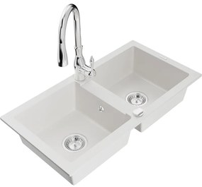 Mexen Mario, 2-komorový granitový drez 820x436x161 mm a drezová batéria Savita, biela, 6504-20-672601-00