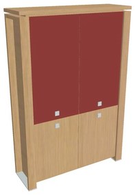 Vysoká skriňa Verno+ 140 x 46 x 210 cm, kombinované dvere, dub svetlý / červená