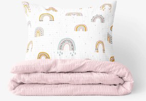 Goldea detské krepové obliečky duo - maľované dúhy s púdrovo ružovou 140 x 200 a 70 x 90 cm