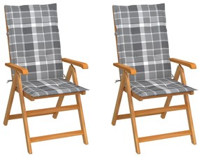 Záhradné stoličky 2 ks, sivé kockované podložky, tíkový masív 3062390