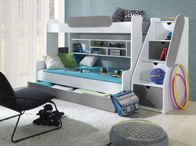 Detská poschodová posteľ s rozšíreným spodným lôžkom a šuplíkom SEGAN bielo-šedá - 200x90/120 cm