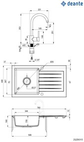 Deante Zorba, granitový drez 760x440x160 mm Z/O, 3,5" + priestorovo úsporný sifón, 1-komorový + Milin batéria, čierna, ZQZVN113