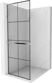 Mexen Kioto+ L, sprchová zástena Walk-In s poličkou a vešiakom 70 x 200 cm, 8mm číre sklo čierny vzor, chrómový profil, 800-070-123-01-77