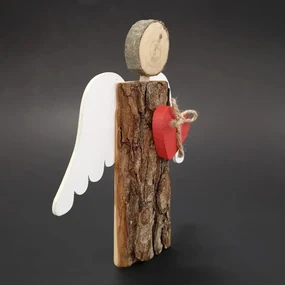 AMADEA Drevený anjel s kôrou s bielymi krídlami a čeveným srdcom, masívne drevo, 16x14,5x3 cm