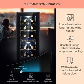 Klarstein Shiraz 12 Duo, vinotéka, 42 l, 12 fliaš, 2 zóny 5-12 / 12-18°C, dotykové ovládanie