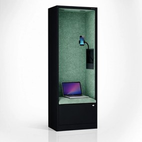 Kancelárska akustická kabína so sedadlom a portom USB-C, telo v čierny farbe / sedadlo v zelenej farbe, 600 mm: SALLY MentalBox