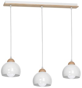 Závesné svietidlo Dama, 3x biele kovové tienidlo, w/drevo