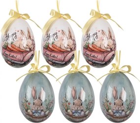 6 ks dekorácie bielo-modré závesné vajíčko s zajačikmi Spring Egg - Ø 7*10 cm