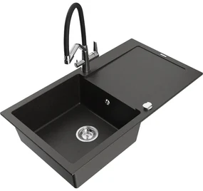 Mexen Leo, 1-komorový granitový drez 900x500x190 mm a drezová batéria Duo, čierna-zlatá metalíza, 6501-75-671701-07
