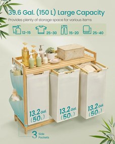 Prádlový kôš s 3 priehradkami, 3 x 50 l, 94 x 33 x 78 cm, krémová biela