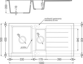 Mexen Andres - granitový drez 100,0x50,0cm, 1,5-komorový, čierna-strieborná, 6515101510-73